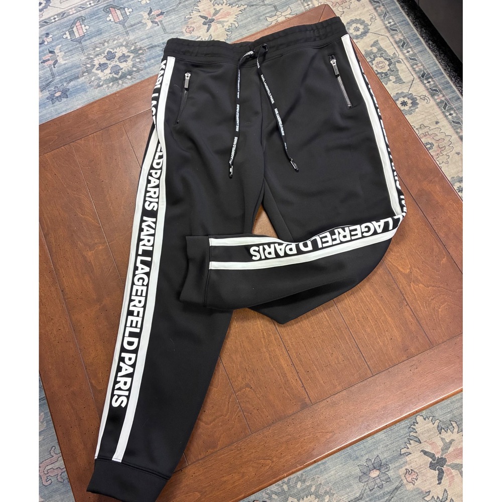 Karl Lagerfeld Paris Womens Logo Tape Track Pants Black White Joggers Sweatpants
